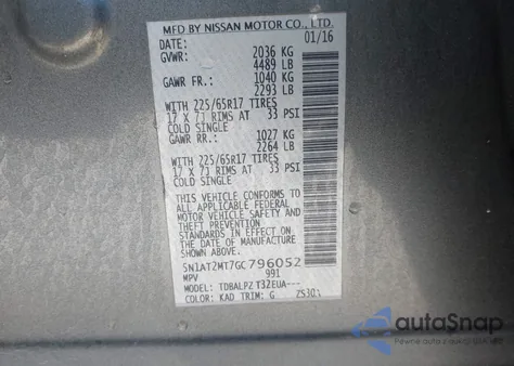 2016 Nissan Rogue S/Sl/Sv from USA, damaged, VIN 5N1AT2MT7GC796052